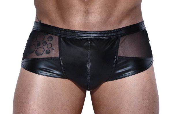 Noir Handmade Herren Wetlook Schnür-Shorts mit Tüll und Zip