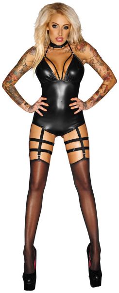 Noir Handmade Wetlook Body mit Strumpfbändern und Kette