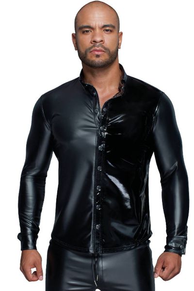 Noir Handmade - Herren Wetlook Langarm Hemd mit Lackelementen schwarz