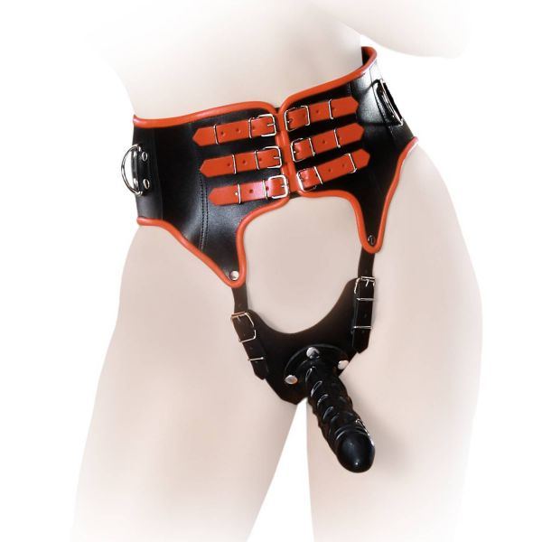 Ledapol Leder Harness Taillenmieder Slip ouvert mit Dildo schwarz-rot